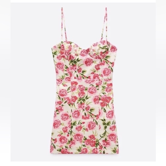 NEW Zara Corset Style Mini Dress Medium Pink White Floral Roses Rose Thin Straps - Picture 2 of 14